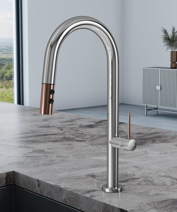 Mitigeur évier moderne avec douchette extractible - Chromé et Or rose