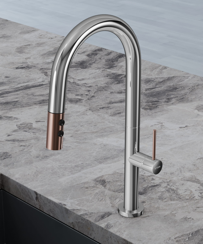 Mitigeur évier moderne avec douchette extractible - Chromé et Or rose