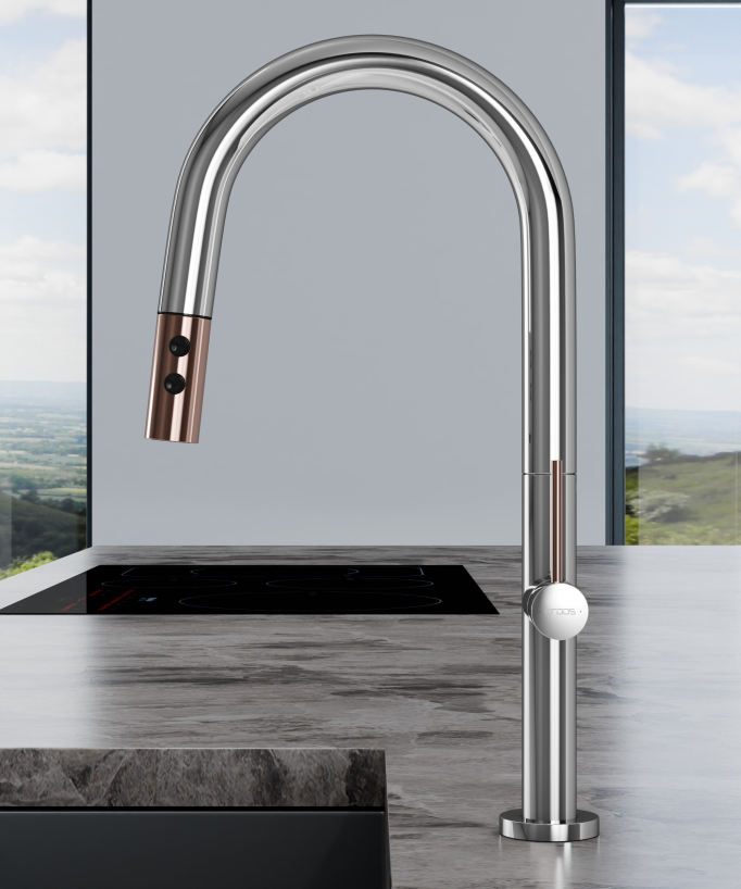 Mitigeur évier moderne avec douchette extractible - Chromé et Or rose