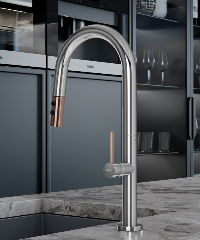 Mitigeur évier moderne avec douchette extractible - Chromé et Or rose
