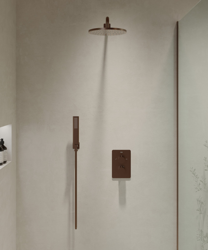 Pack mitigeur de douche thermostatique encastré Or rose brossé - Fiumina