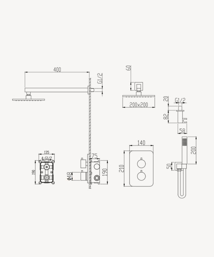 Colonne de douche thermostatique encastrée Doré - Sirius