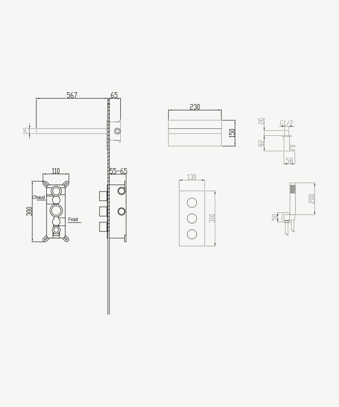 Colonne de douche encastrable thermostatique avec pommeau double fonction pluie et cascade - Sirius
