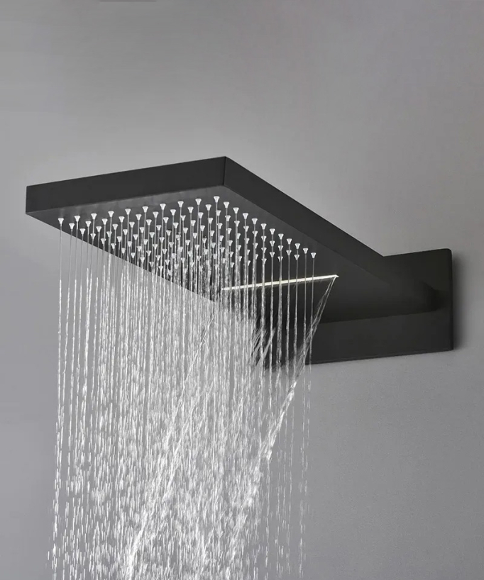 Colonne de douche encastrable thermostatique avec pommeau double fonction pluie et cascade Noir -  Sirius