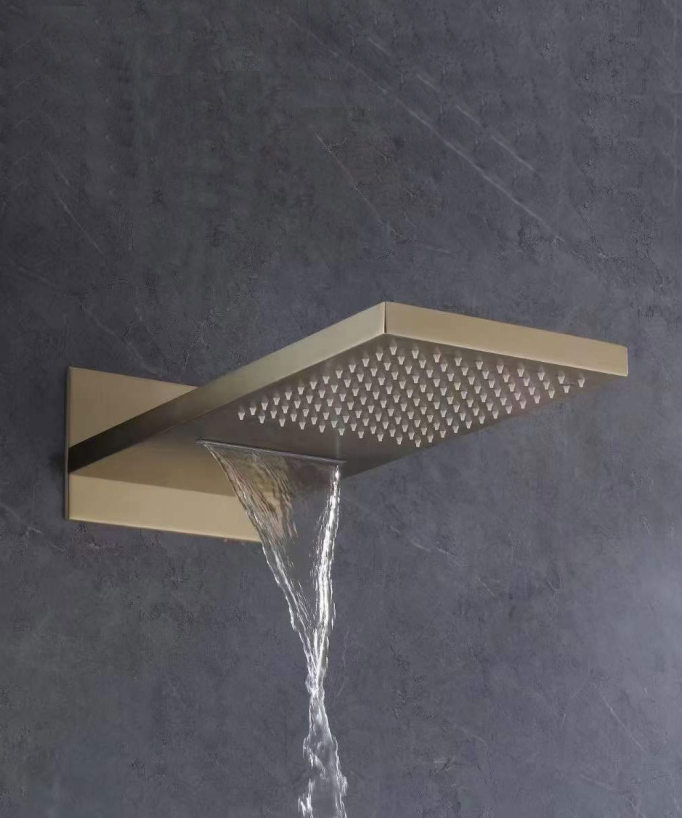Colonne de douche encastrable thermostatique avec pommeau double fonction pluie et cascade Doré brossé - Sirius