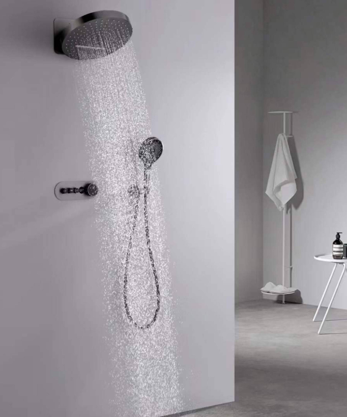 Pack mitigeur de douche encastrée pommeau pluie et cascade - Gun métal
