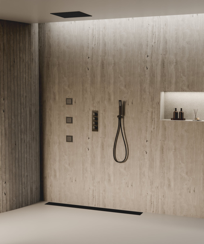 Ciel de douche thermostatique encastré au plafond 500 mm, 3 jets de corps Noir - Sirius