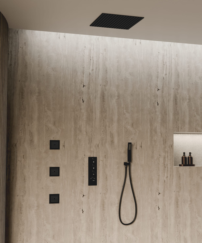 Ciel de douche thermostatique encastré au plafond 500 mm, 3 jets de corps Noir - Sirius