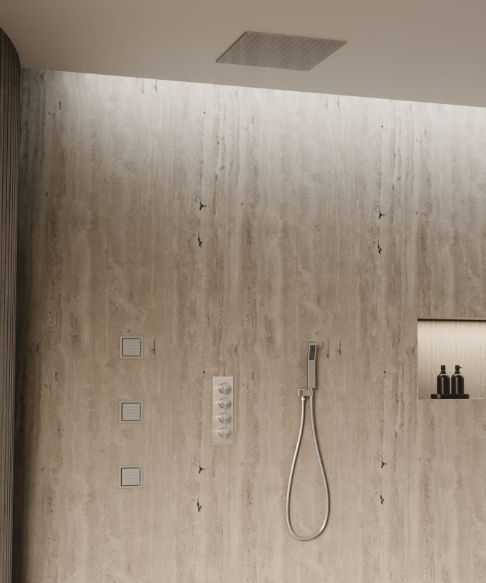 Ciel de douche thermostatique encastré au plafond 500 mm, 3 jets de corps Nickel brossé - Sirius