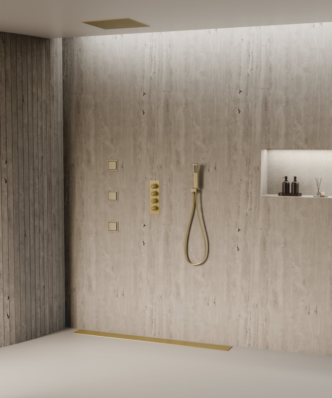 Ciel de douche thermostatique encastré au plafond 500 mm, 3 jets de corps Doré brossé - Sirius