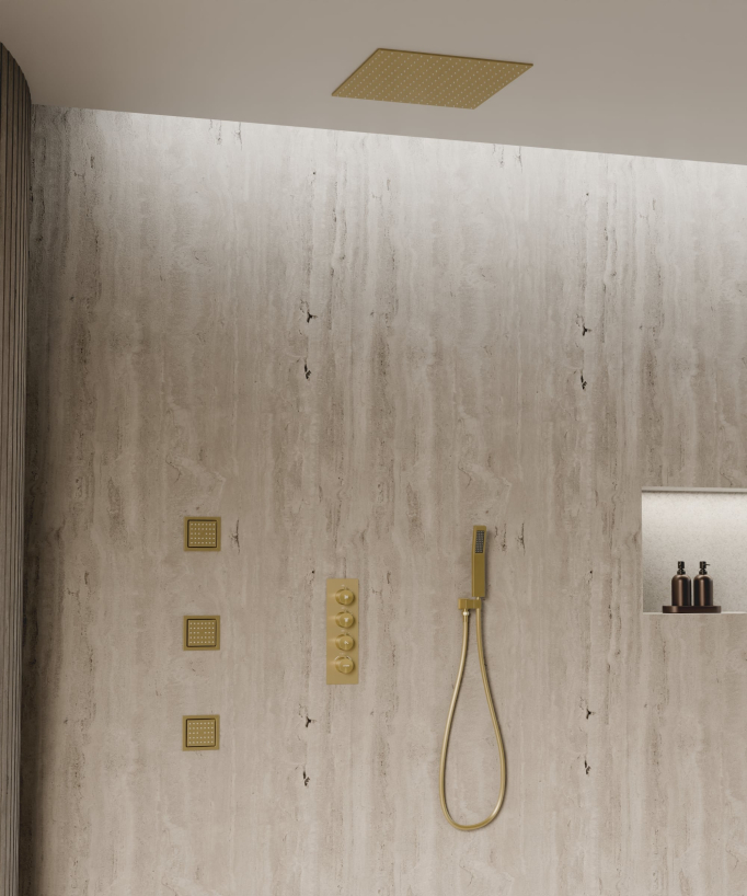 Ciel de douche thermostatique encastré au plafond 500 mm, 3 jets de corps Doré brossé - Sirius