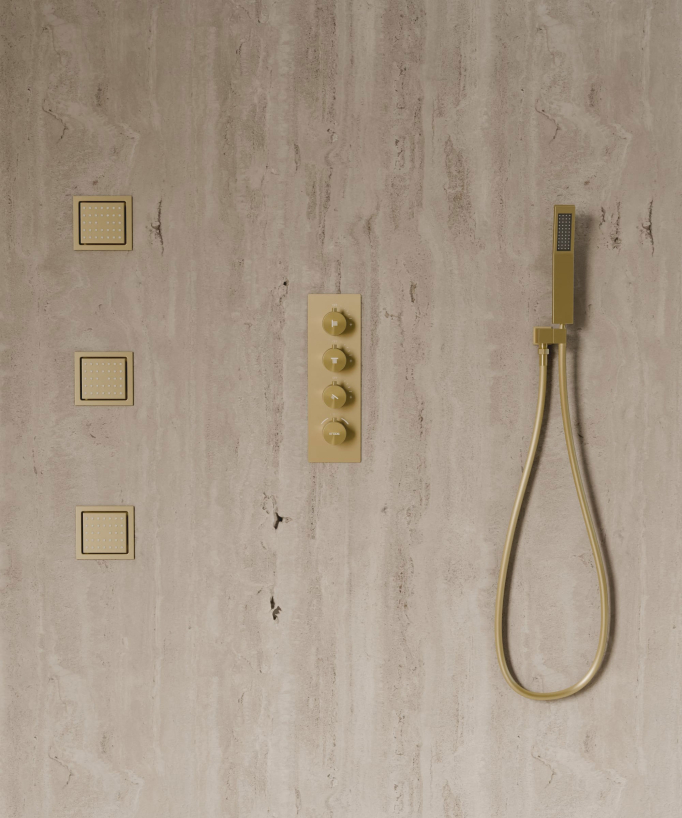 Ciel de douche thermostatique encastré au plafond 500 mm, 3 jets de corps Doré brossé - Sirius