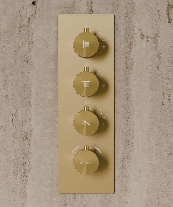 Ciel de douche thermostatique encastré au plafond 500 mm, 3 jets de corps Doré brossé - Sirius