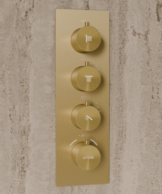 Ciel de douche thermostatique encastré au plafond 500 mm, 3 jets de corps Doré brossé - Sirius
