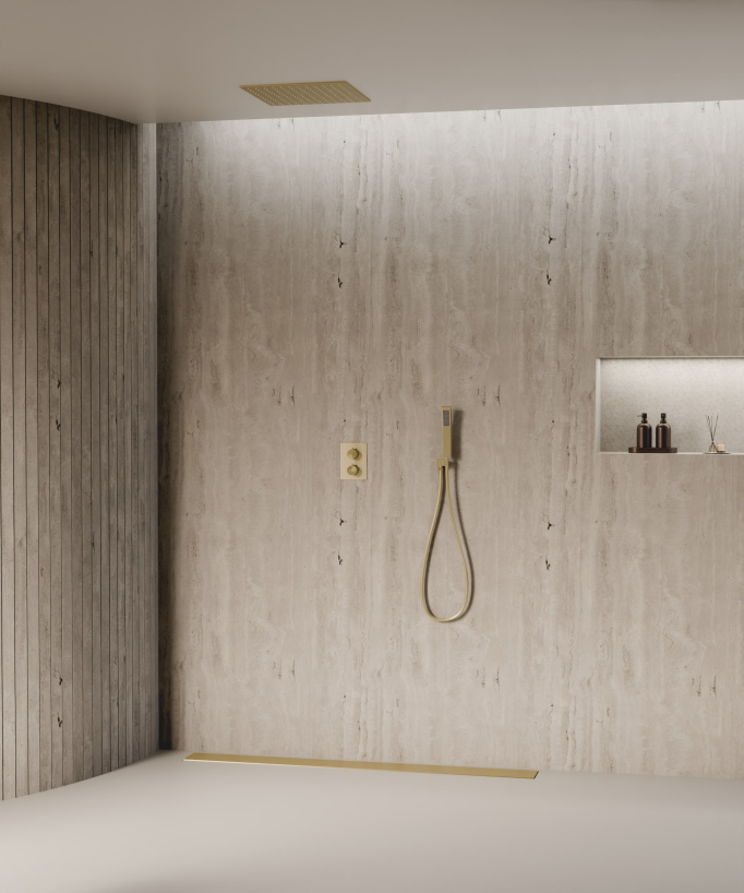 Système de douche thermostatique encastré au plafond - Doré brossé