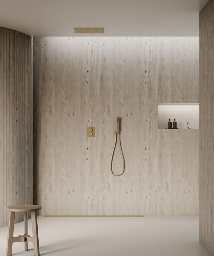 Système de douche thermostatique encastré au plafond - Doré brossé