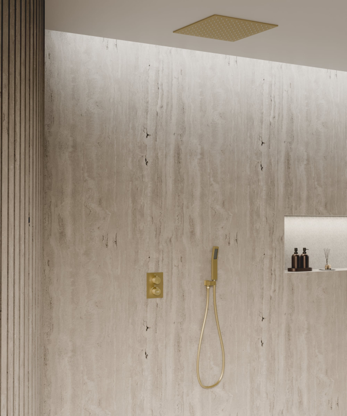 Système de douche thermostatique encastré au plafond - Doré brossé