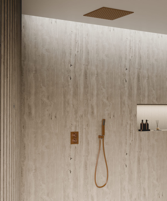 Système de douche thermostatique encastré au plafond - Or rose brossé