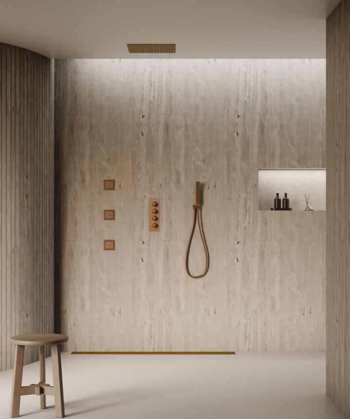 Ciel de douche thermostatique encastré au plafond 500 mm, 3 jets de corps Or rose brossé - Sirius