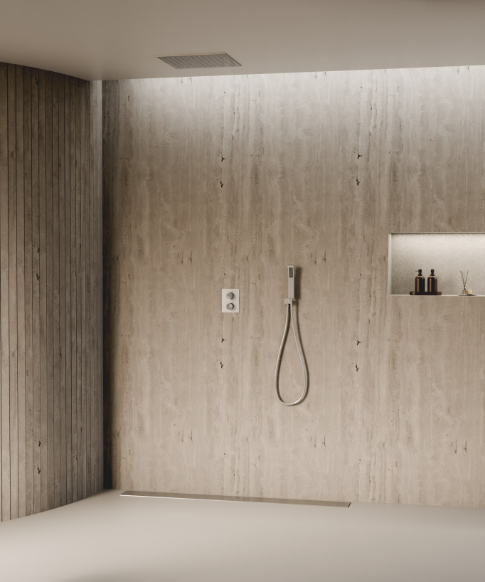 Système de douche thermostatique encastré au plafond - Nickel brossé