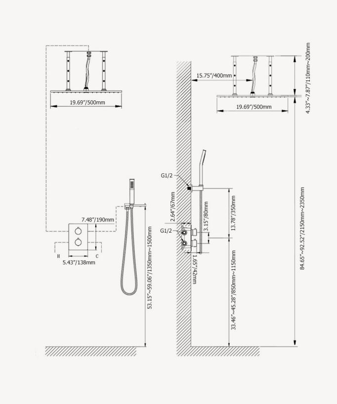 Système de douche thermostatique encastré au plafond - Nickel brossé
