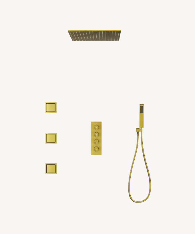 Ciel de douche thermostatique encastré au plafond 500 mm, 3 jets de corps Doré - Sirius