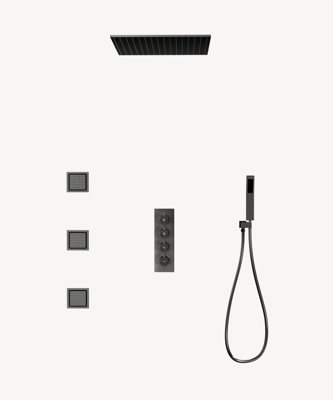 Ciel de douche thermostatique encastré au plafond 500 mm, 3 jets de corps Gun métal - Sirius