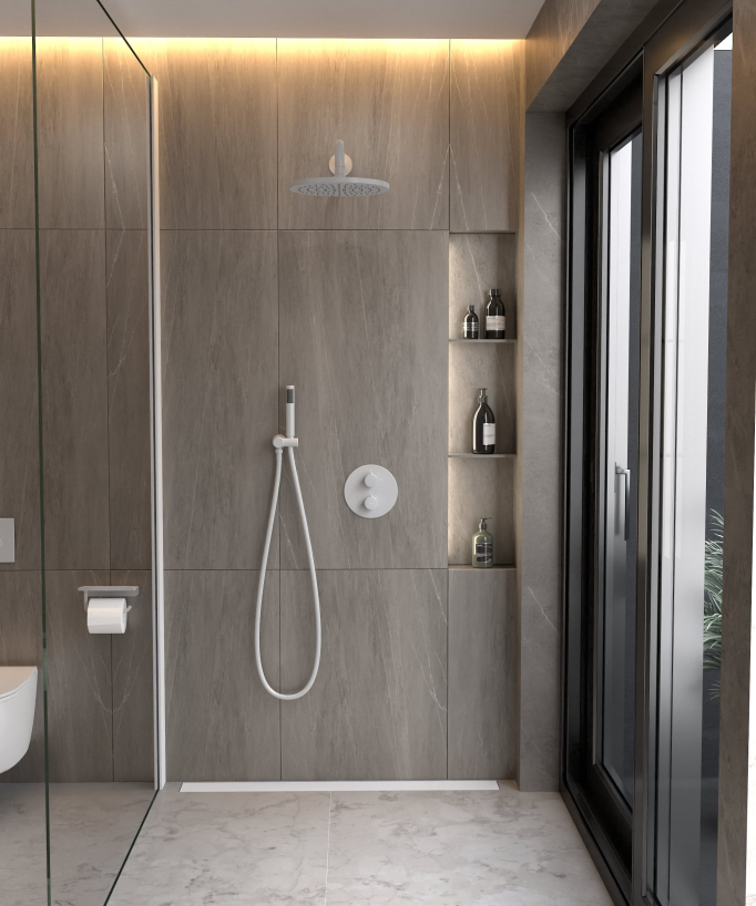 Colonne de douche encastrée thermostatique pommeau pluie anti calcaire Blanc - Corbeau