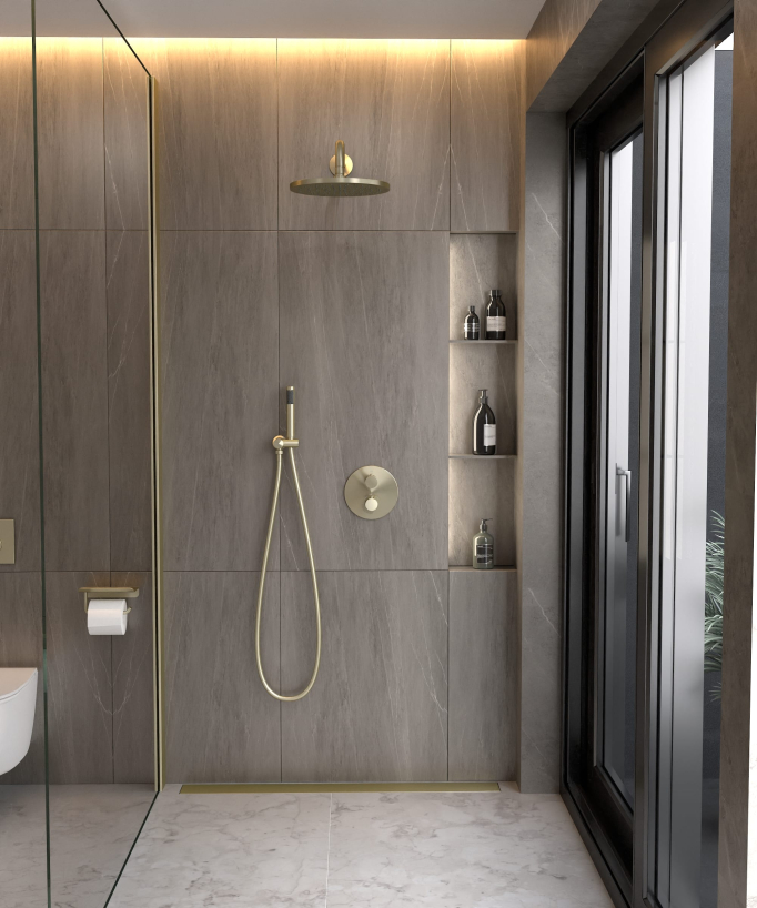 Colonne de douche encastrée thermostatique pommeau pluie anti calcaire Doré brossé - Corbeau
