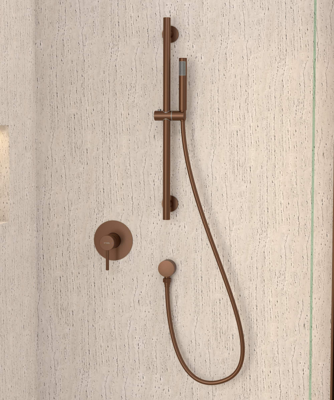 Mitigeur douche encastré avec ensemble barre et douchette Or rose brossé - Corbeau