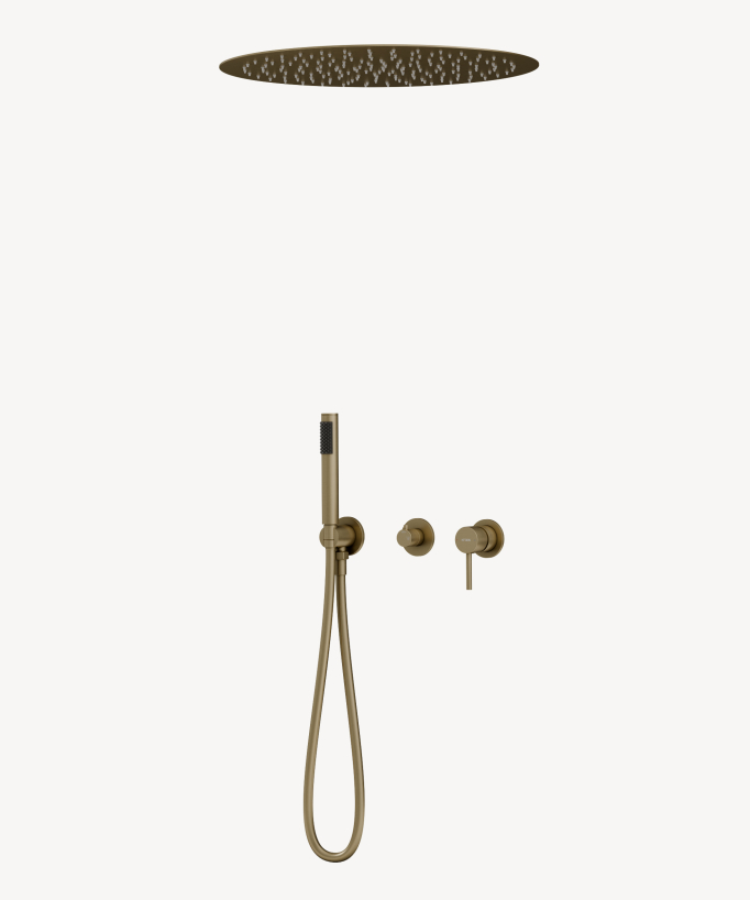 Pack mitigeur douche 3 trous encastré plafond rond Doré brossé - Corbeau