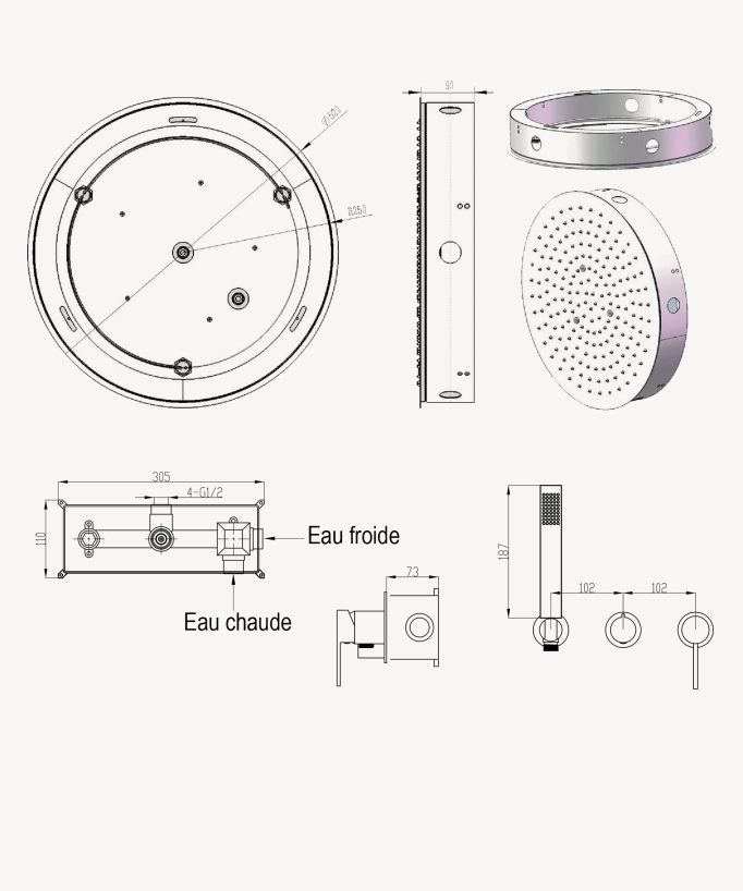 Pack mitigeur douche 3 trous encastré plafond rond Gun métal - Corbeau