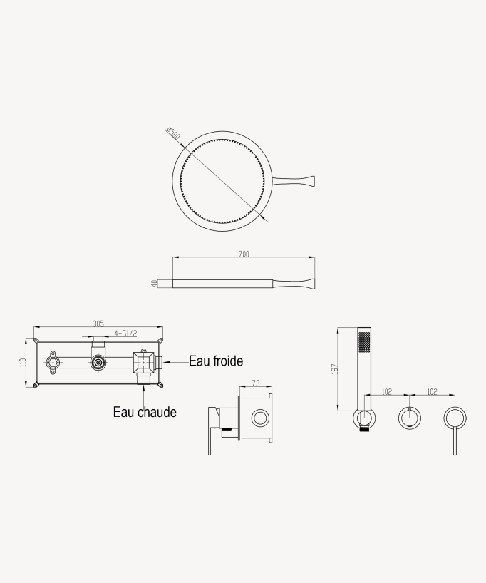 Kit de douche avec pommeau de pluie circulaire - Corbeau