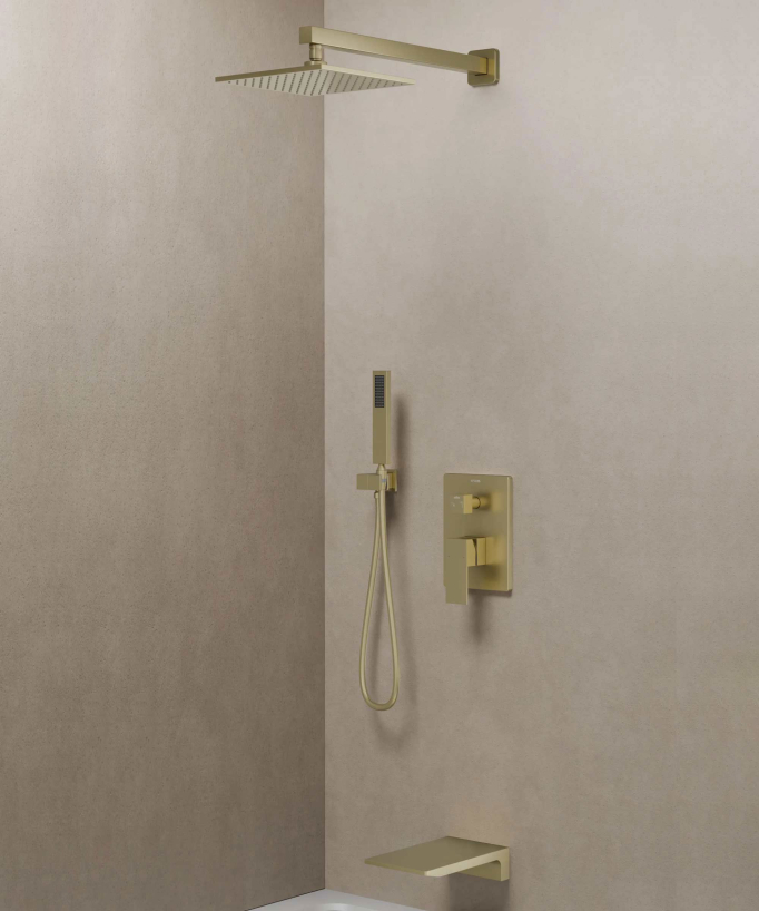 Colonne de douche et bain encastrée avec bec cascade Doré brossé - Thilia