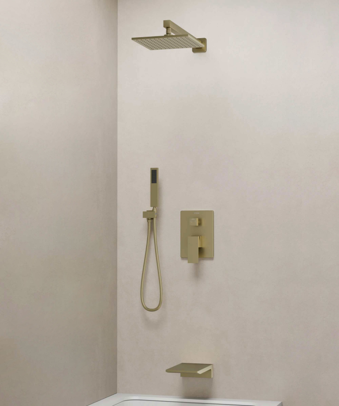 Colonne de douche et bain encastrée avec bec cascade Doré brossé - Thilia