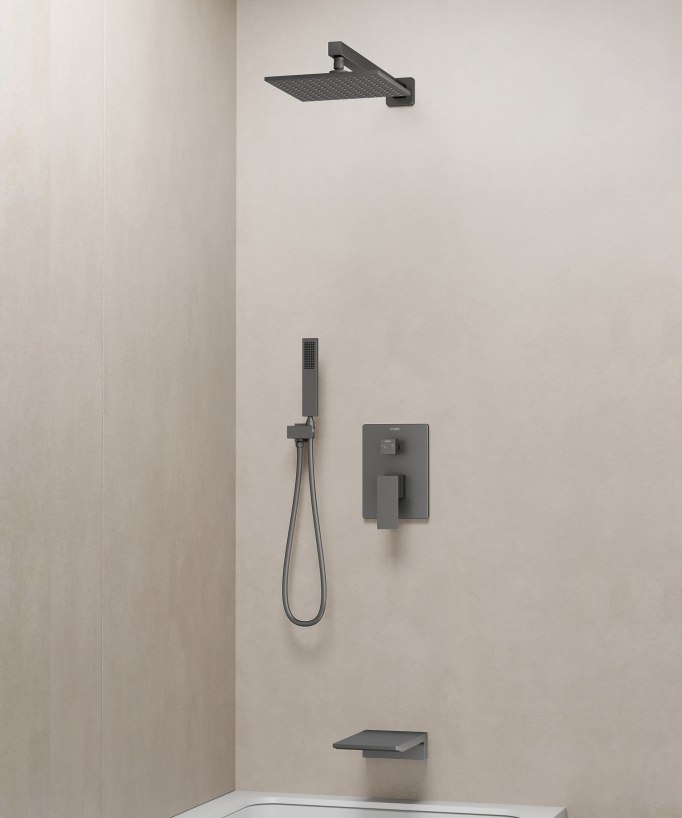 Colonne de douche et bain encastrée avec bec cascade Gun métal - Thilia