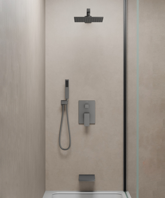 Colonne de douche et bain encastrée avec bec cascade Gun métal - Thilia