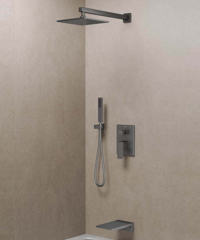 Colonne de douche et bain encastrée avec bec cascade Gun métal - Thilia