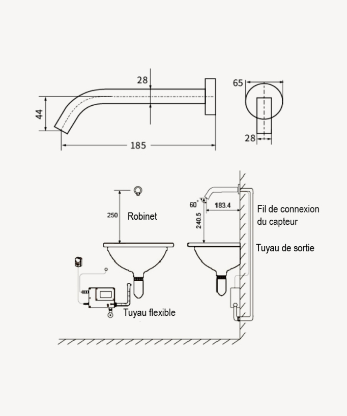 Robinet lavabo automatique mural, eau froide Noir - Corbeau
