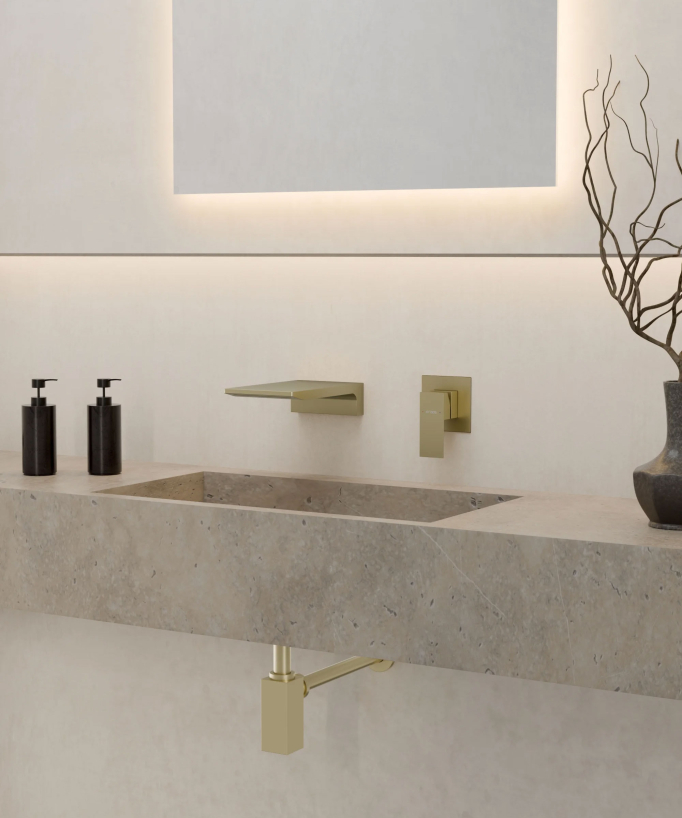 Mitigeur lavabo mural cascade Doré brossé - Thilia