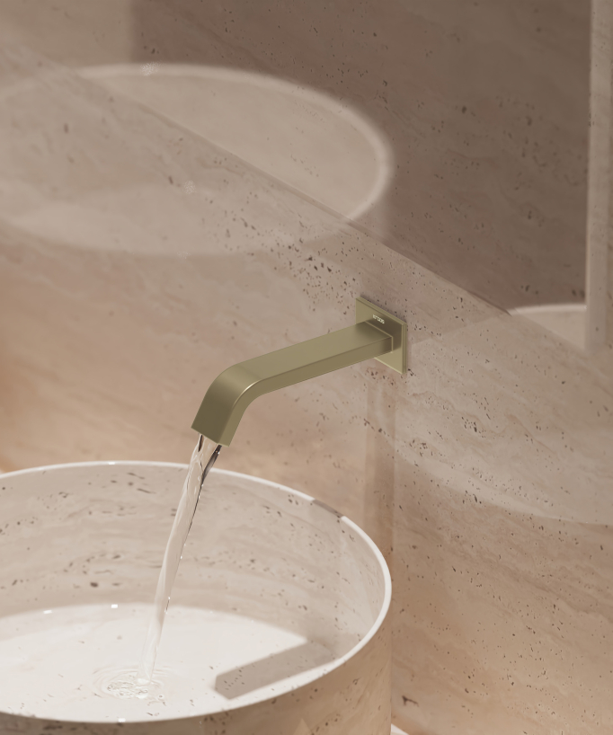 Robinet lavabo automatique mural, eau froide Doré brossé - Fiumina