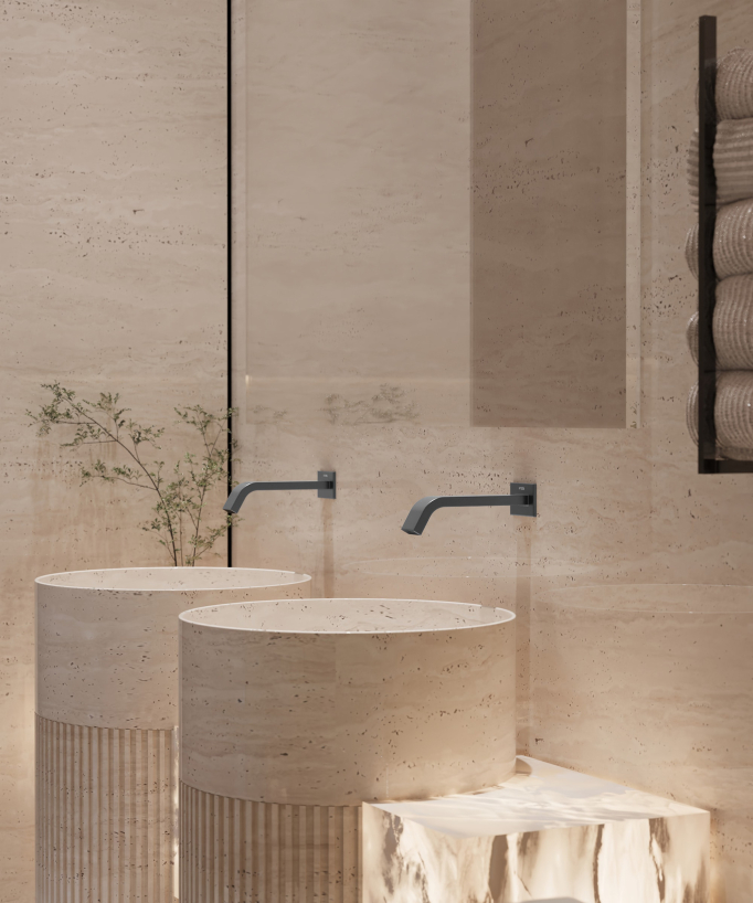 Robinet lavabo automatique mural, eau froide Gun métal - Fiumina