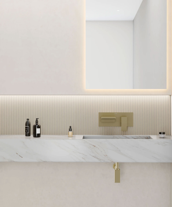 Mitigeur lavabo mural cascade Doré brossé - Thilia 