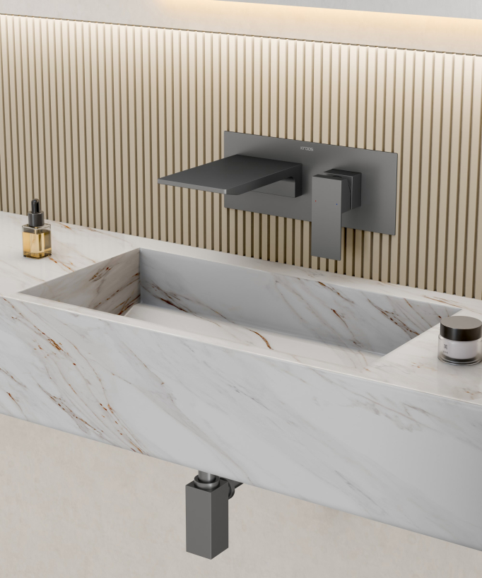 Mitigeur lavabo mural cascade Gun métal - Thilia 