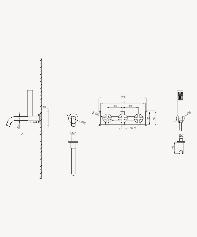 Mélangeur de bain encastré 5 trous Gun métal - Corbeau