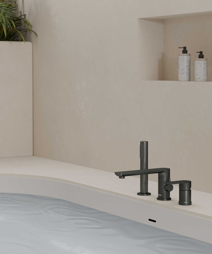 Robinet mitigeur bain-douche 3 trous sur plage Gun métal - Nunki
