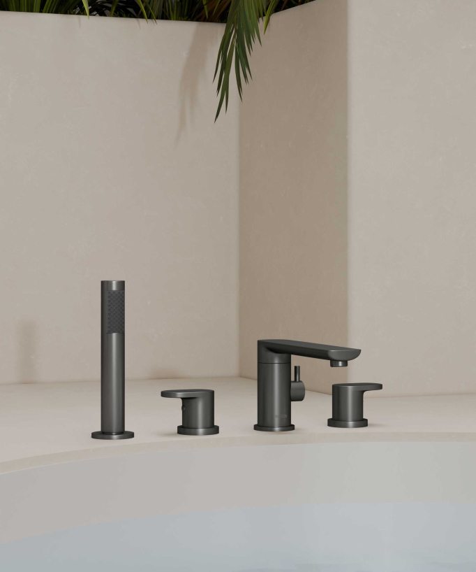 Robinet mélangeur bain-douche 4 trous sur plage Gun métal - Nunki