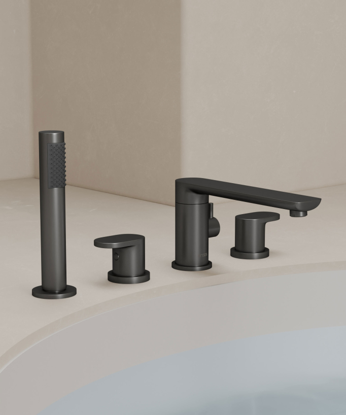 Robinet mélangeur bain-douche 4 trous sur plage Gun métal - Nunki