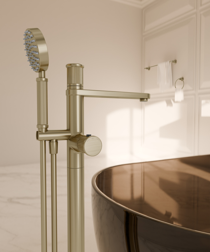 Mitigeur thermostatique de baignoire sur pied Doré Brossé - Hera