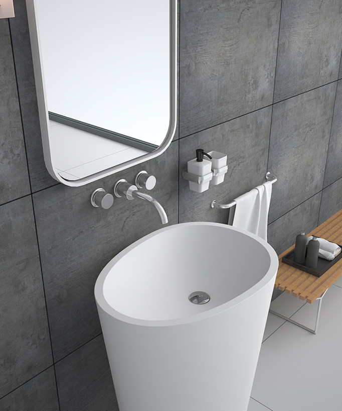 Lavabo totem ovale à poser en résine minérale Blanc mat - Soukané